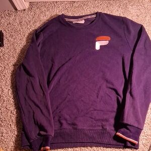 Mens Large Y2K Navy Blue FILA Crewneck Sweater with Soft Texture and Relaxed Fit